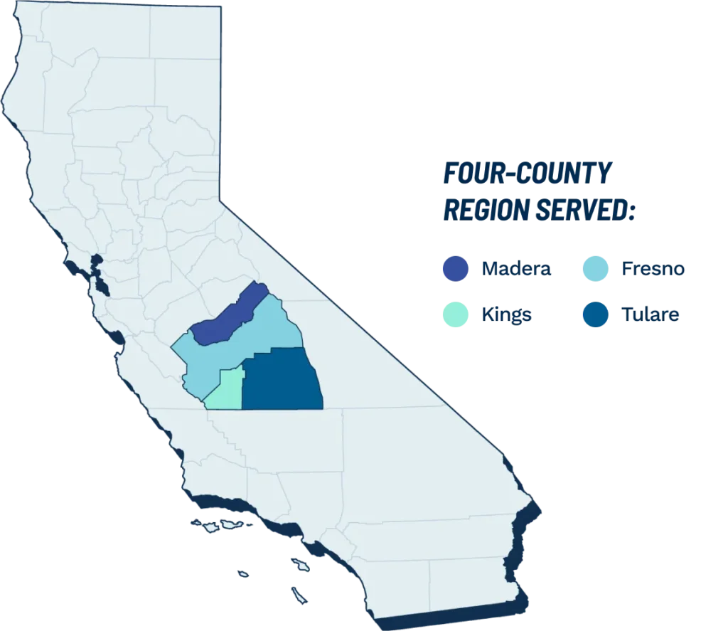 Map Serving Madera, Fresno, Kings, and Tulare Counties